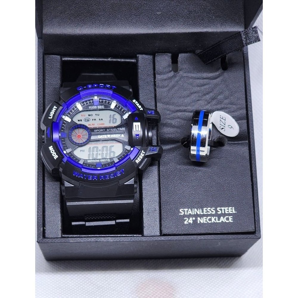Steel Time Water Resistant Date and Time C-Sport Watch and Ring(9) Combo